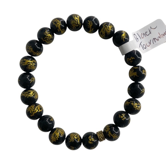 Black Tourmaline, Gold Dragon gemstone Bracelet, Stretch - Picture 4 of 4